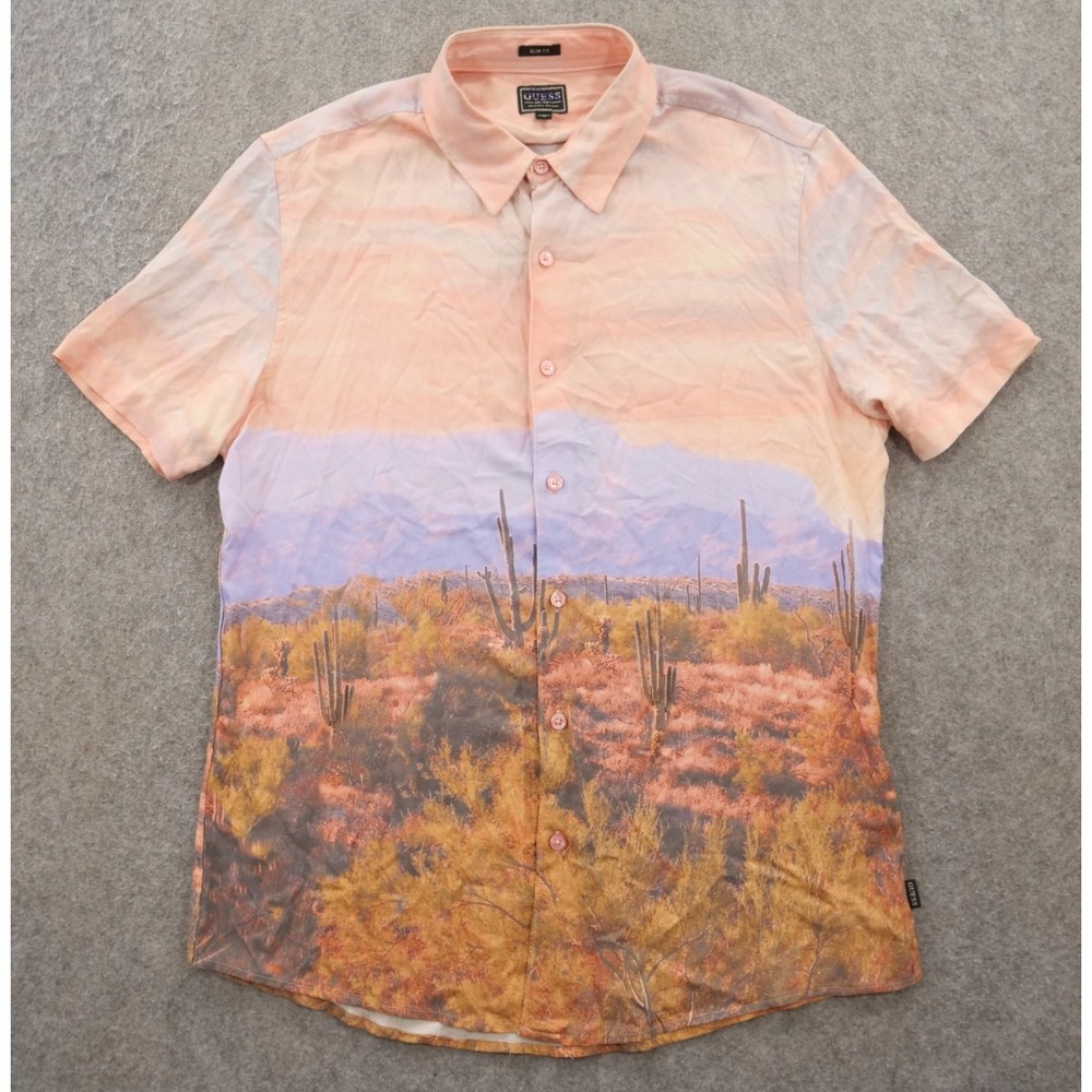Guess Shirt Mens Medium Pink Button Up Desert Print Short Sleeve 90s Retro
